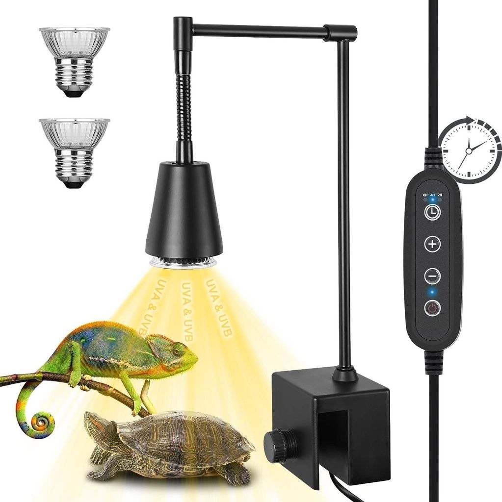 Infrarotlampe Infrarot-Wärmestrahler Timer,Dimmbar,Schildkröten Eidechsen Schlangen E27 Clip-on-Lampe, 25W UVA/50W UVB-Glühbirne,1-tlg,360°Schwanenhal