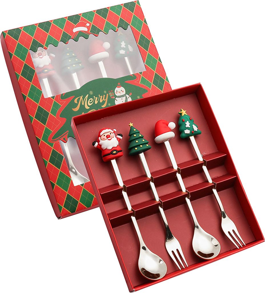Weihnachtslöffel-Besteckset aus Edelstahl, Weihnachtsgabeln, Dessert, Obst, Eis, Tee, Kuchengabeln, Puppengeschirr, Geschenkbox, Weihnachtsfeier-Z...