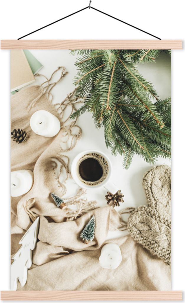 MuchoWow Textilposter Winter - Kaffee - Tannenbaum 60x90 cm mit holzfarbenen Rahmen - Textil
