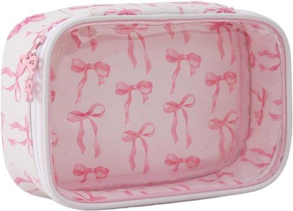 Klein transparente Schminktas für Mädchen und Frauen, rote Strickverzierung, Make-up-Tasche für Handtaschen und Kabinettstücke