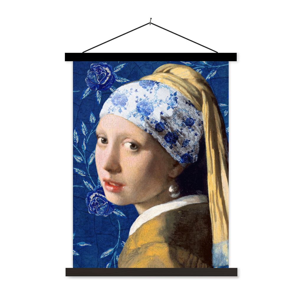 MuchoWow Textilposter Mädchen mit Perlenohrring - Delfter Blau - Vermeer - Blumen - Gemälde - Alte Meister 40x53 cm mit schwarzem Rahmen - Abbi...