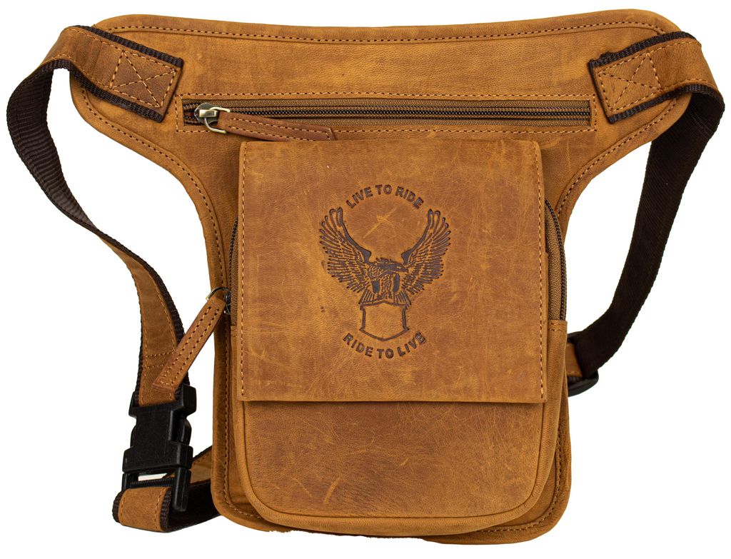Biker Beintasche Hüft,- Umhänge,- Gürteltasche mit Adler-Prägung „LIVE TO RIDE“(Cognac)