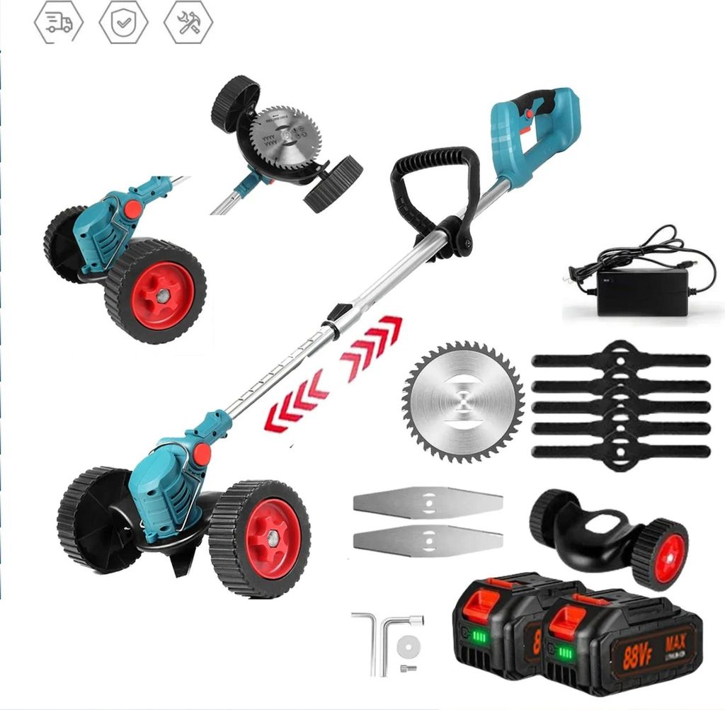 Akku-Rasentrimmer, Elektrischer Grasschneider, mit 2 Batterien und Ladegerät, 90° Trimmwinkel, Teleskop-Stiel & Zusatzhandgriff, Mit Rädern