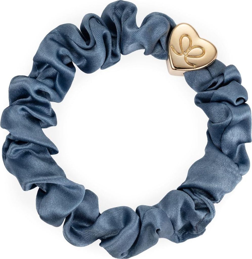 By Eloise London Gold Heart Silk Scrunchie Faded Denim
