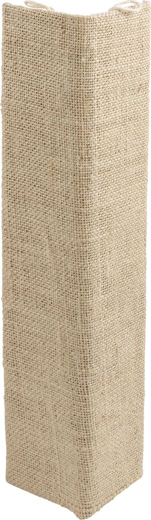 A tall, rectangular object made of beige burlap material, standing upright against a white background.