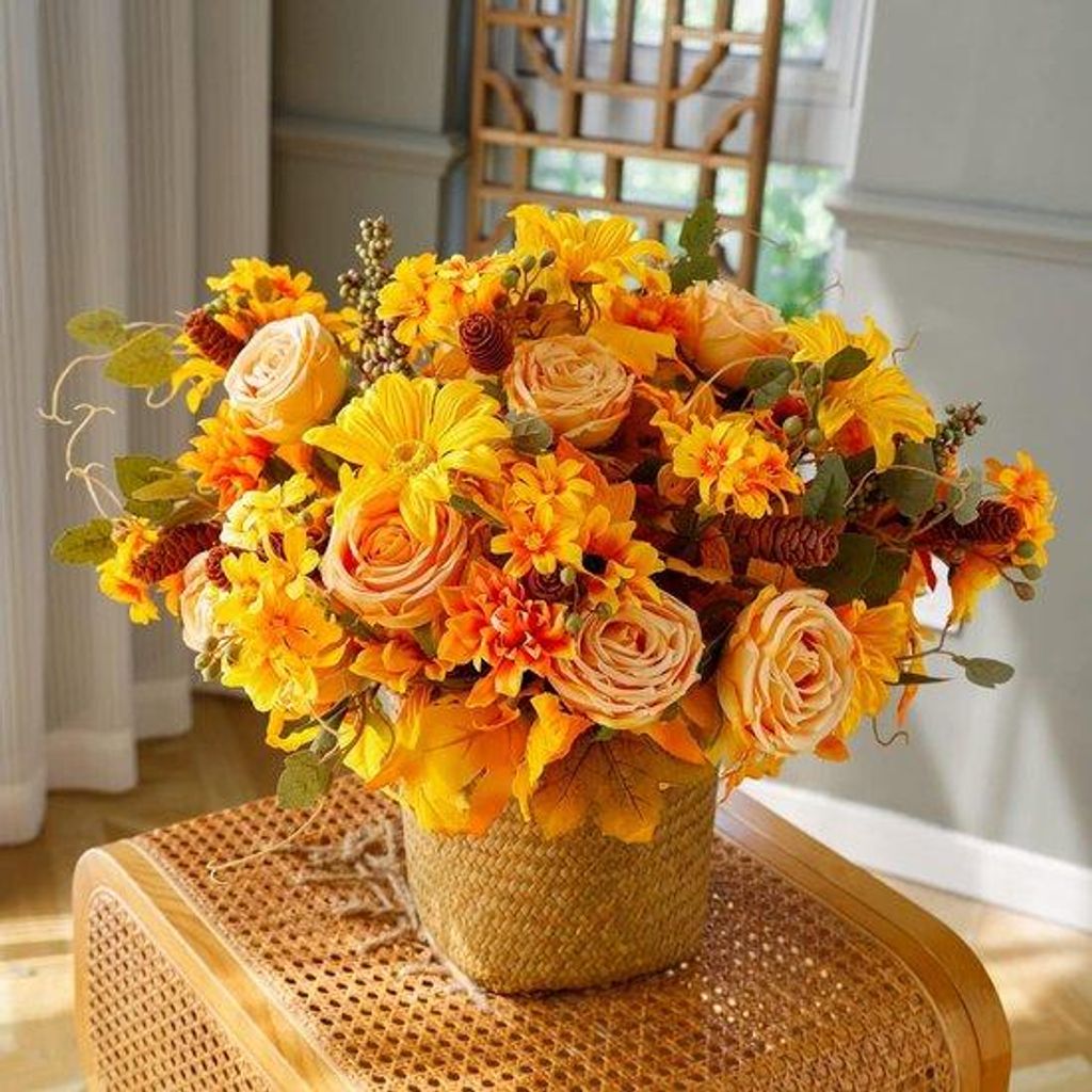 Zweiteiliges Kunstblumenarrangement, Herbstblumen für Thanksgiving, Seidenblumenstrauß für Herbstdekoration, Haus, Hochzeit und Thanksgiving (Gold)