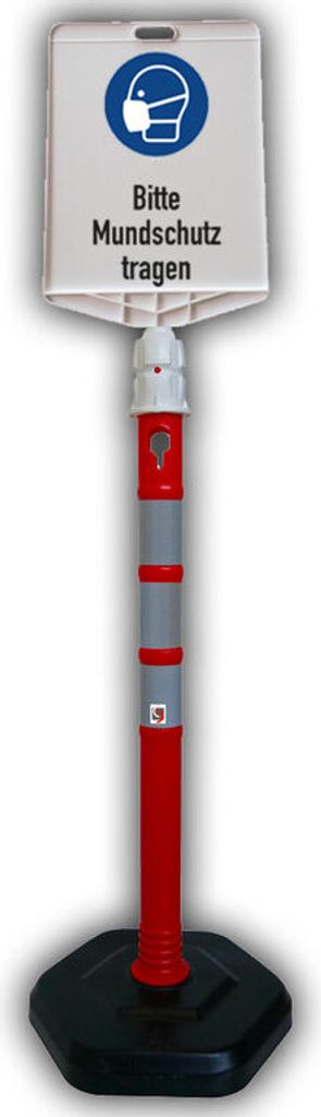 Kettenpfosten mit Hinweisschild "Bitte Mundschutz tragen" + schwerer Fußplatte
