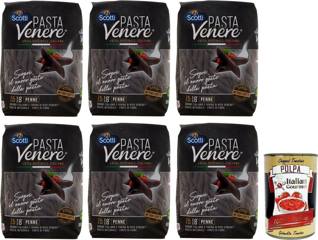 6x Riso Scotti Pasta Venere Penne Rigate,Pasta aus Hartweizengrieß und Schwarzem Venere-Vollkornreismehl,Packung mit 400g + Italian Gourmet Polpa ...