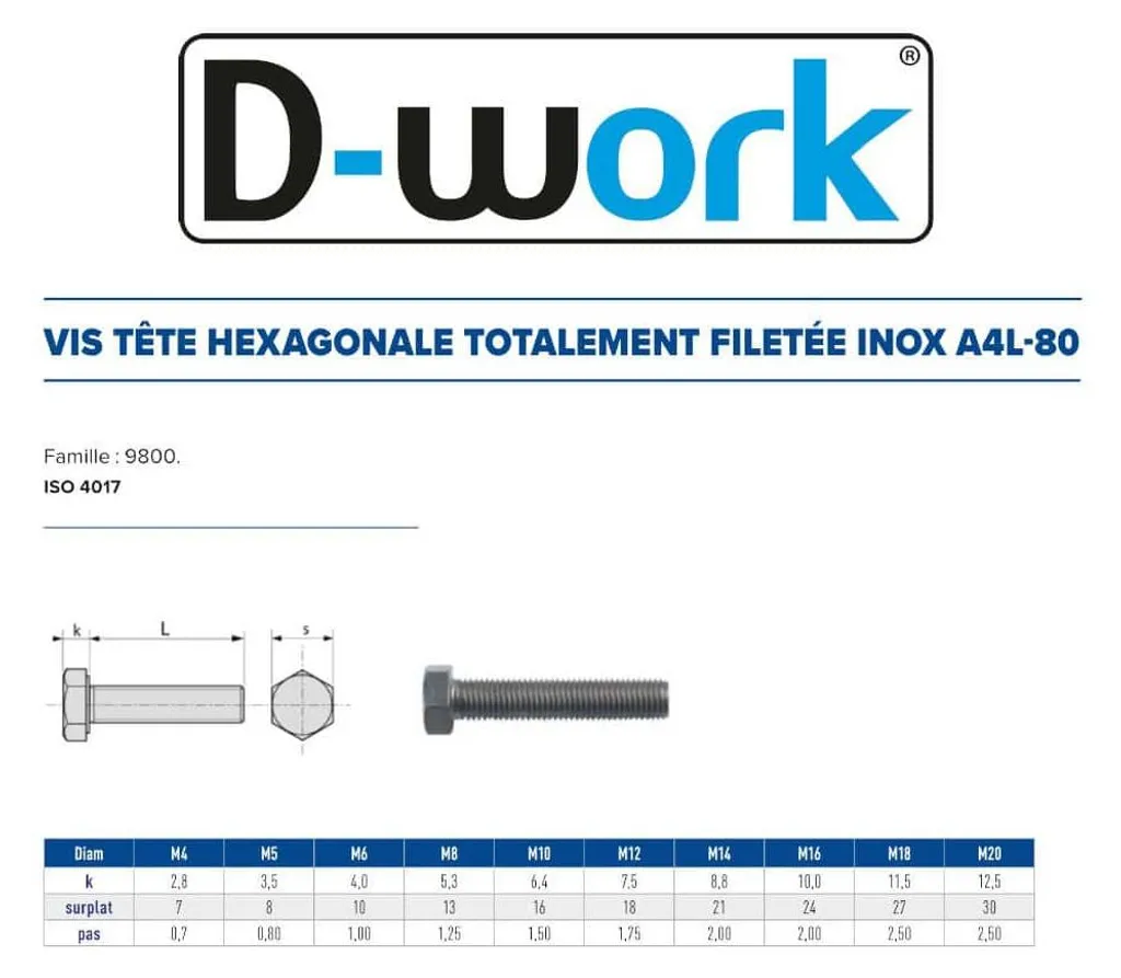 100 Vis Métaux Tête Hexagonale DIN 933 5x12 mm Inox A4 L80 D-Work