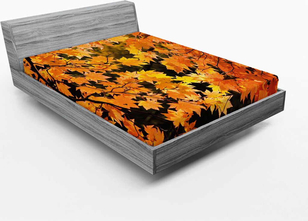 ABAKUHAUS Fallen Spannbetttuch, Blätter von Herbst Laub Ahornbaum mit Sonnenstrahlen Saisonnatur Muster, 90 x 200 cm, Orange Gelb Braun