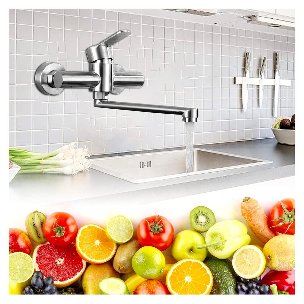 Wasserhahn Wandmontage Küche Kaltwasserhahn Gäste Wc Edelstahl Water Tap Armatur Faucet für Einbauspüle & Doppelspüle Hochflexibel mit 360° D...