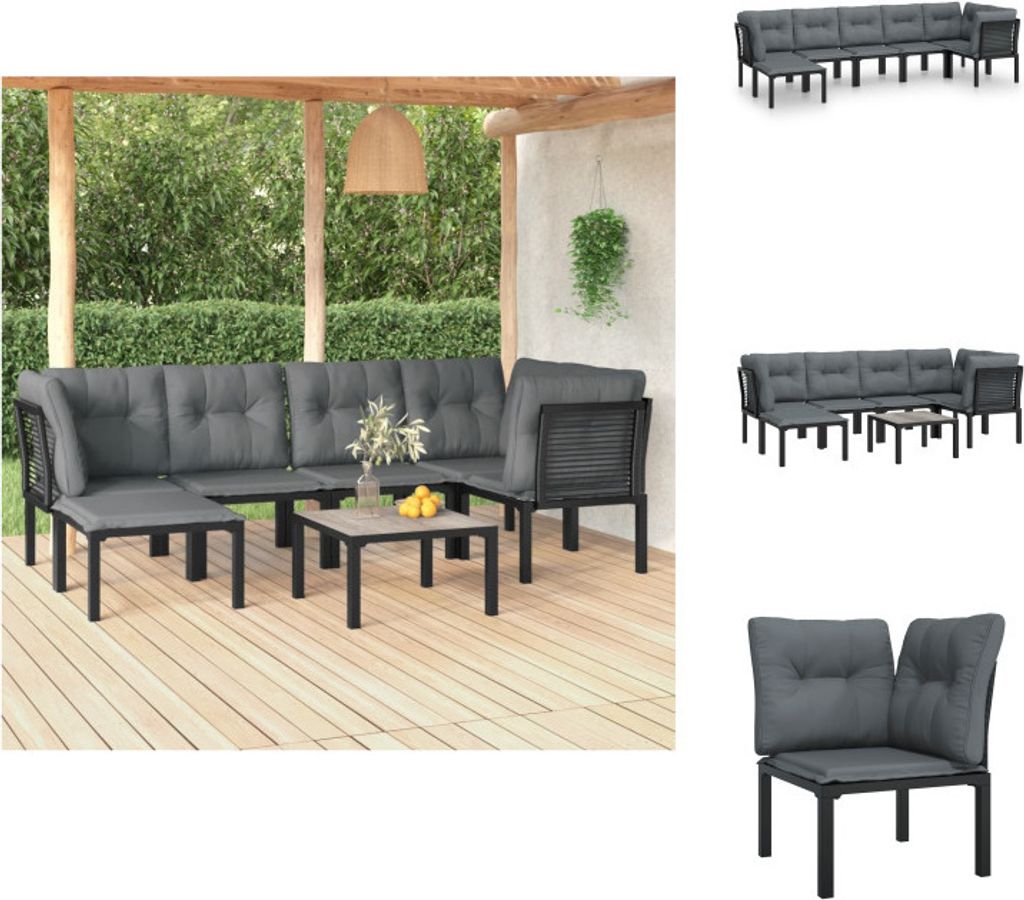 vidaXL 7-tlg. Garten-Lounge-Set Schwarz und Grau Poly Rattan - Gartenmöbel-Sets