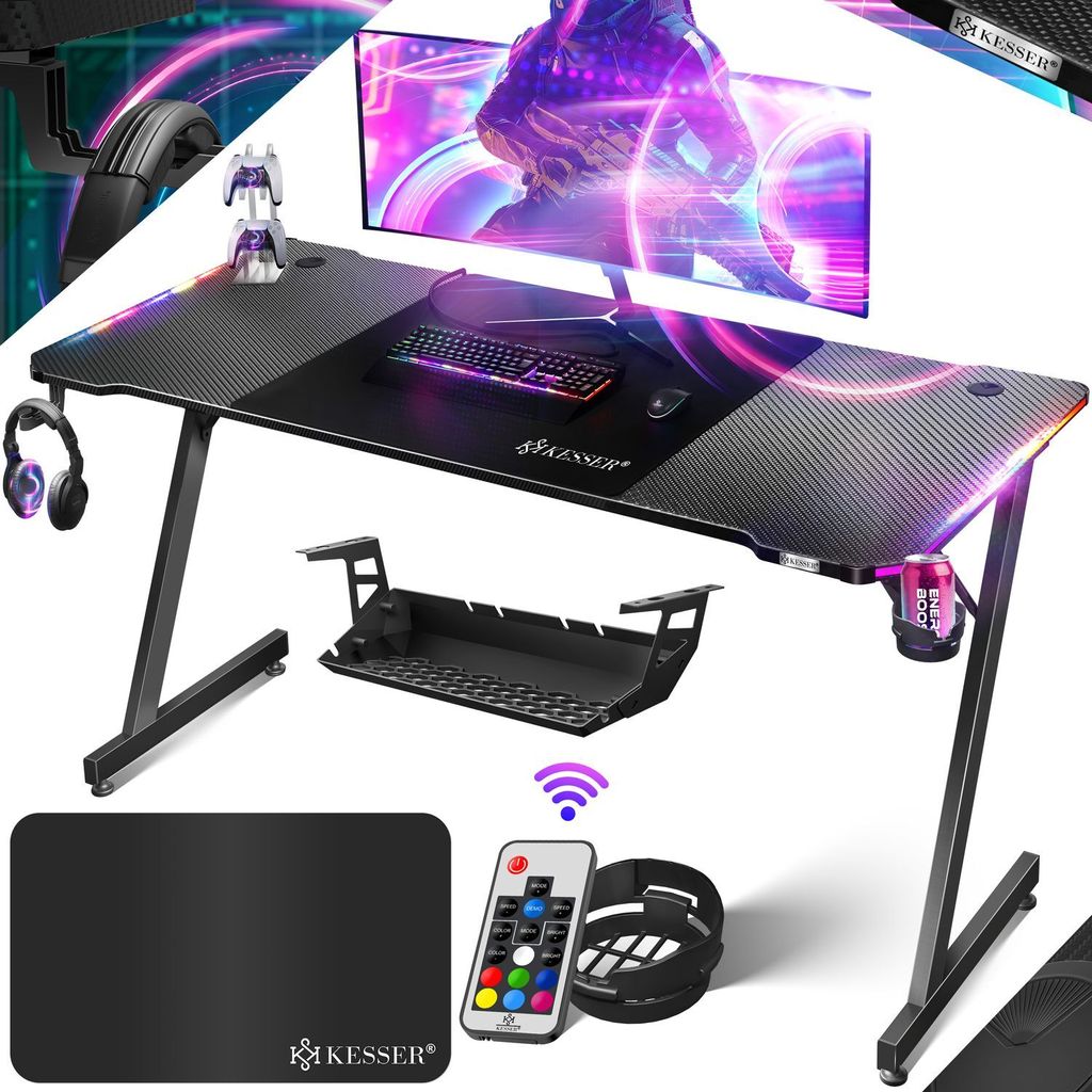 KESSER Gaming Tisch LED | Z-Form Gamer Schreibtisch | Kopfhörerhaken & Kohlebeschichtung | Ergonomischer PC Computertisch | Stabiler Tisch mit M...