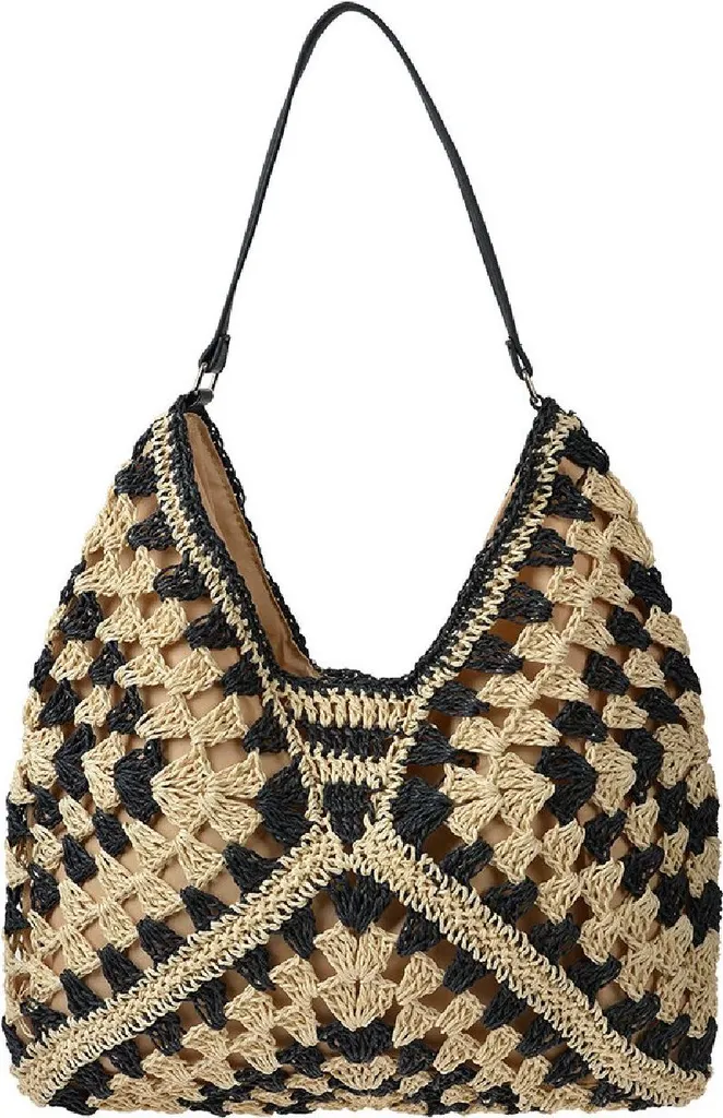 Grand sac de plage bicolore en synthétique Boho Beige et Noir