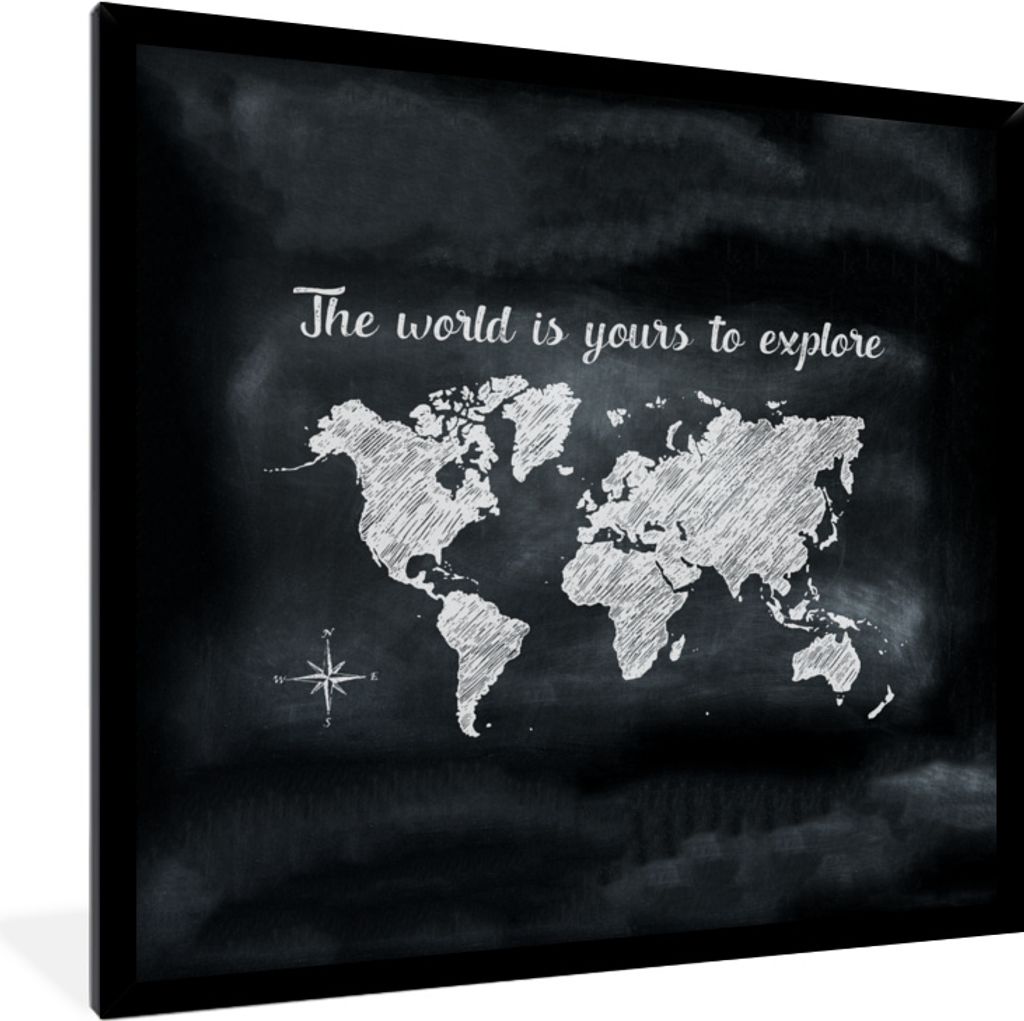 MuchoWow MuchoWow Gerahmtes Poster Weltkarte - Blackboard - Zitat 40x40 cm - Poster mit zchwarzem Bilderrahmen - Mit Rahmen - Wanddekoration Sc...