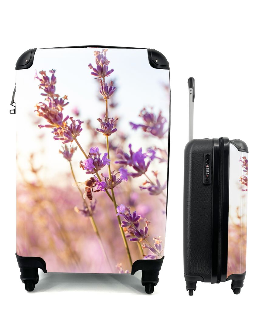 MuchoWow Koffer Handgepäck Trolley Rollkoffer Kleine Reisekoffer mit 4 Rollen - Lavendel - Nahaufnahme - Sonne - Blumen - Lila - Cabin Size < 55...