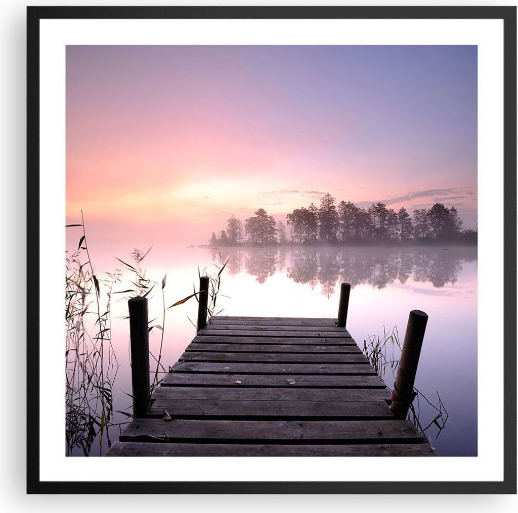 Gerahmtes Poster - Schwarzer Rahmen - Morgen Sonnenaufgang Nebel See - 60x60 cm - Wand Bild - Wanddeko - Wandbilder - Wandposter - Bilderrahmen - B...