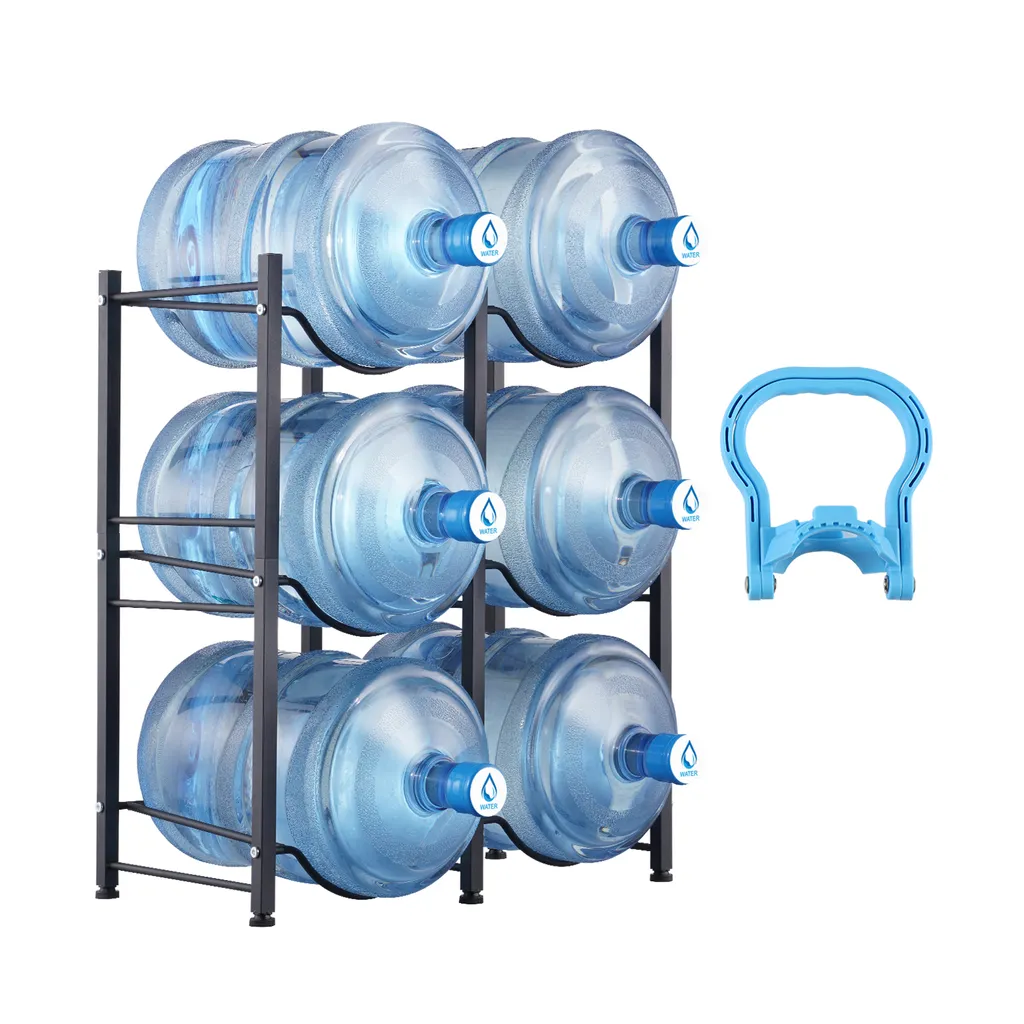 Support pichets d'eau pour bureau et cuisine, rack de 6 bouteilles noir