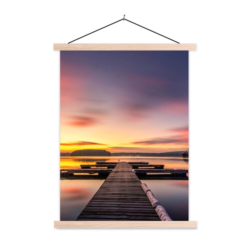 MuchoWow Textilposter Steg - Sonnenuntergang - Wasser - Meer - Spiegelung 120x160 cm mit holzfarbenen Rahmen - Plakatkarton