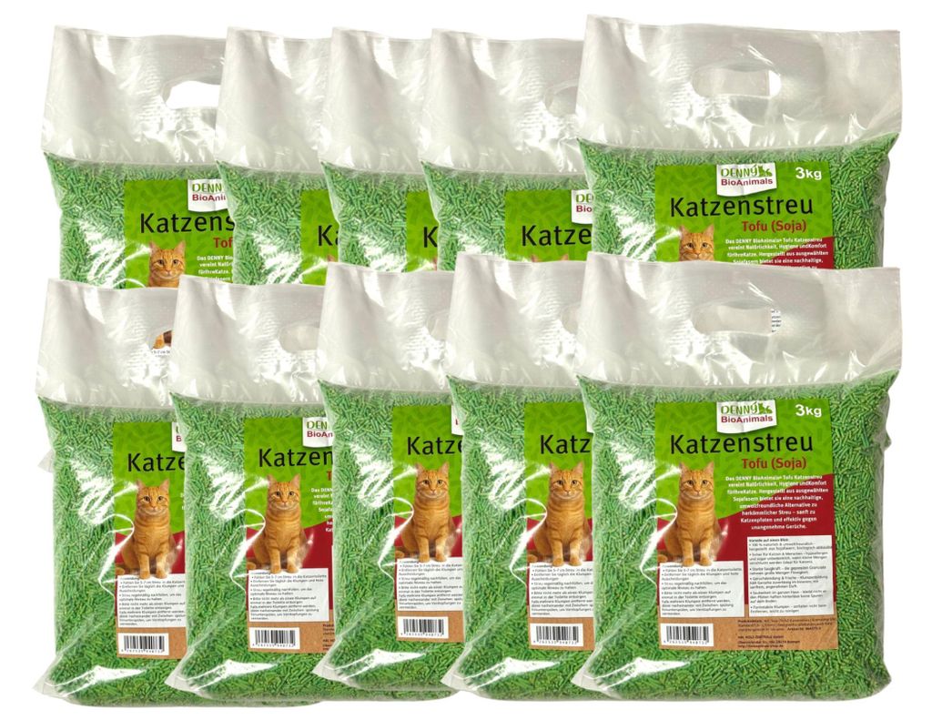 Tofu Katzenstreu 30 kg (10 Säcke je 3 kg), 80 L– 100 % Produktbild 