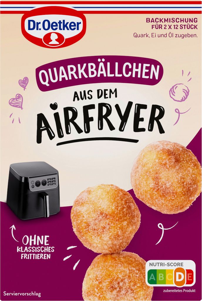 A package of Dr. Oetker Quarkbällchen mix for airfryer, with images of the finished product and an airfryer.