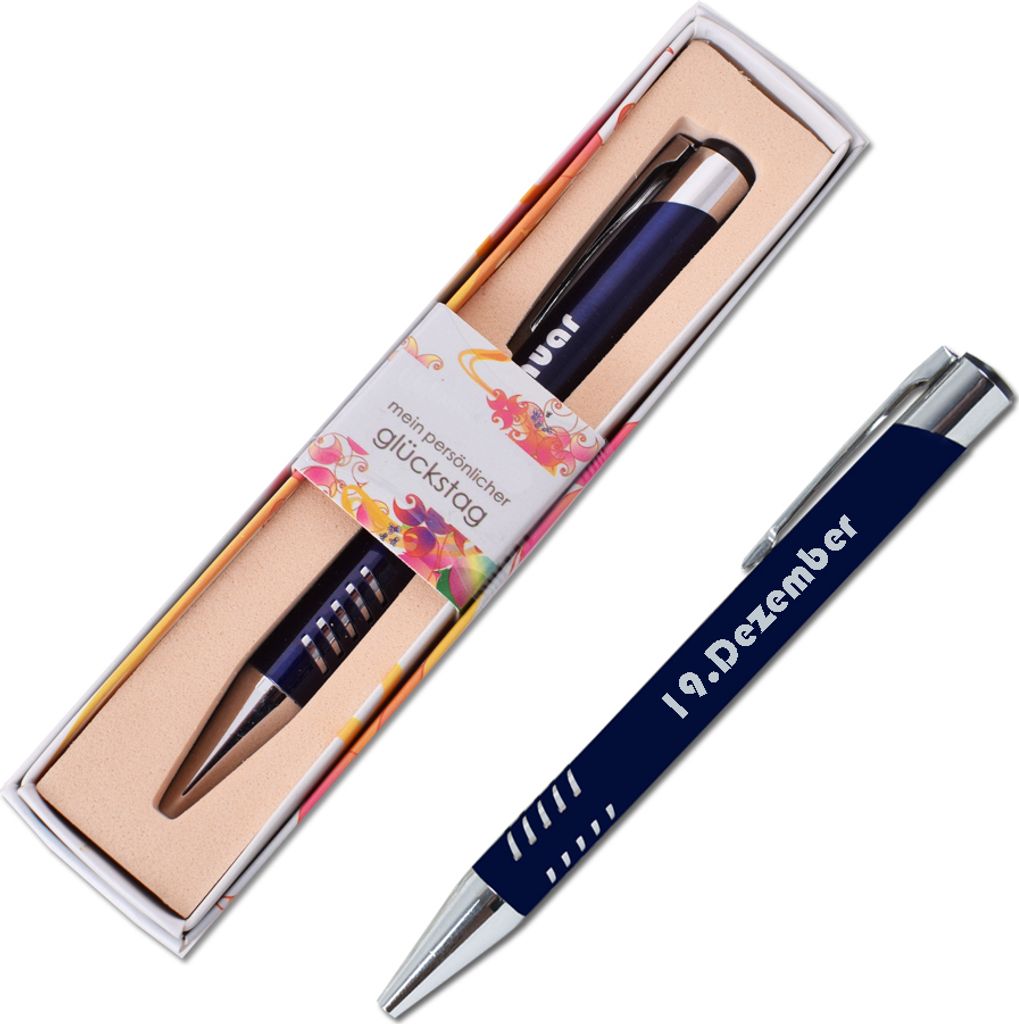 Personalisierter Kugelschreiber Kuli Blau Geschenk mit Datum Gravur 19.Dezember blaue Großraummine