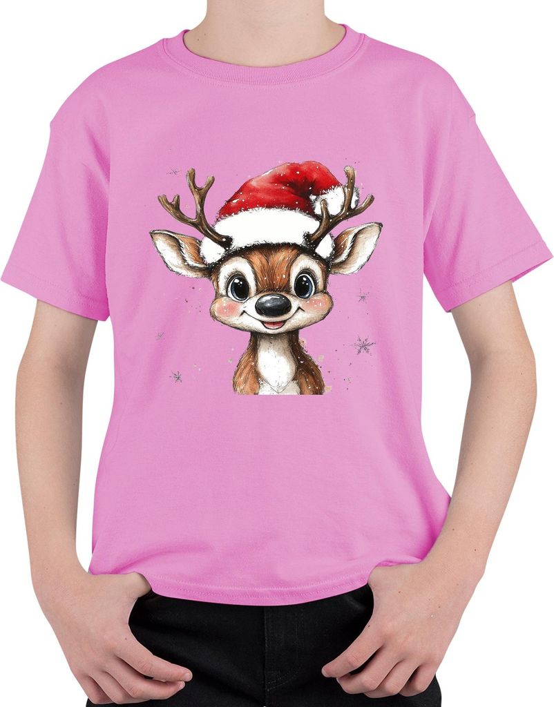 Weihnachtsrentier Niedlich Santa Hut Schneeflocken Aquarell süß Uni Kinder T-Shirt, Pink, 152