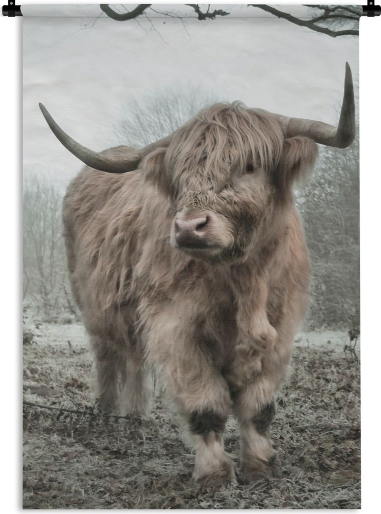 MuchoWow Wandteppich Wandbehang Schottischer Highlander - Wald - Nebel - Kuh - Tiere - Natur 60x90 cm Tapisserie Dekoration Wandtuch - Foto-Teppi...