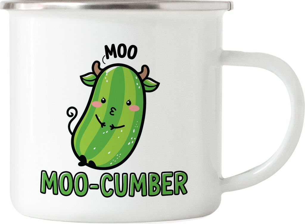 Moo-Cumber Lustiges Kuh-Gurkenmotiv Emaille-Tasse Geschenkidee witziges Design Gemüse
