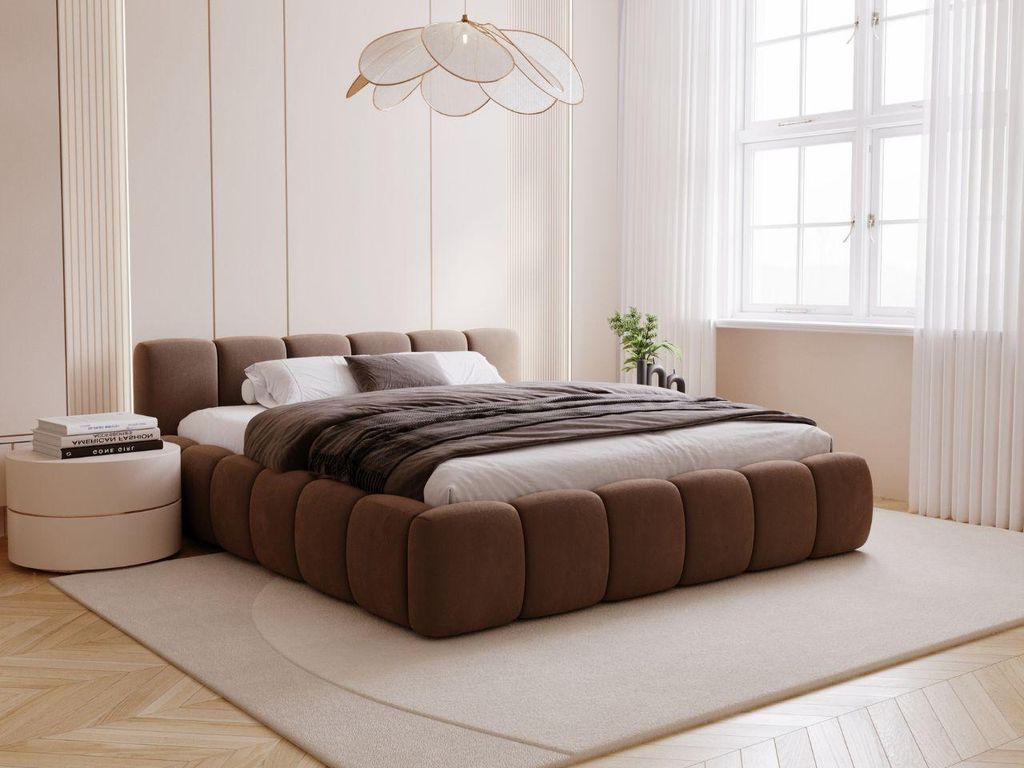 GrainGold Polsterbett Cloud Low 200x200 cm - Bett 200x200, Polsterbett mit Lattenrost und Bettkasten - Bett mit Velvet-Stoff - Braun