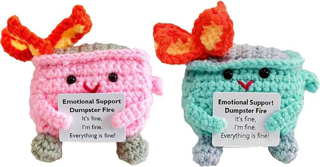 2 Stück positiver gehäkelter Flammen-Mülleimer mit ermutigender Karte, emotionale Unterstützung, handgefertigt, strickender Mülleimer, Puppend...