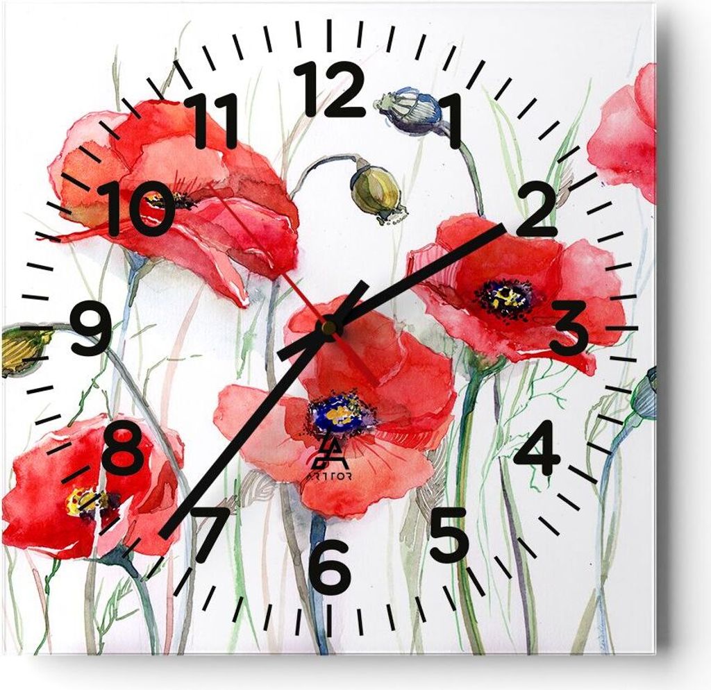 Wanduhr - Quadrat - Glasuhr - Blume Mohn Wiese - 40x40cm - Produktbild 