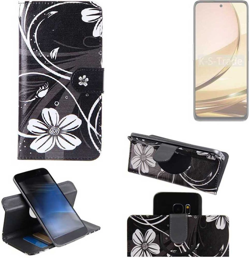 K-S-Trade Schutzhülle Handyhülle kompatibel mit Nubia Focus Pro 5G Hülle 360° Wallet Case “Flowers“ Klapphülle Hülle schwarz-weiß 1x