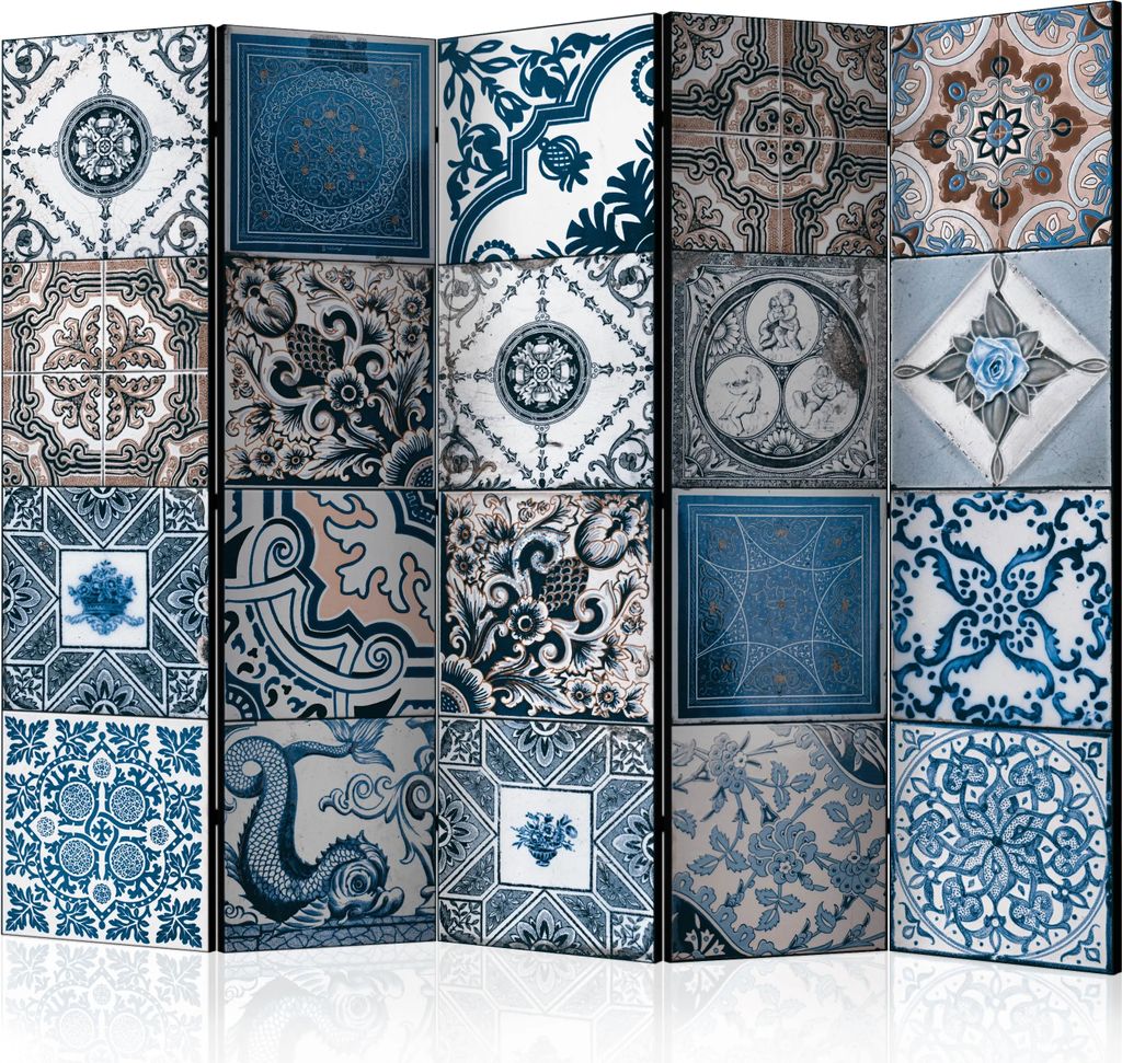 5-teiliger Doppelseitiger Vlies Paravent - Blue Arabesque II 225x172 cm Muster f-A-0568-z-c