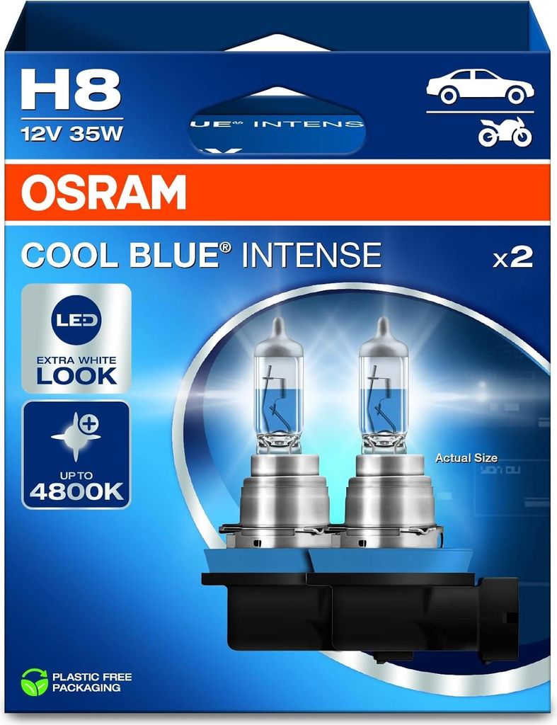 The image shows the packaging for OSRAM COOL BLUE INTENSE H8 headlight bulbs.