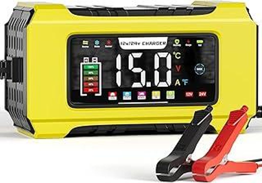 15A Autobatterie Ladegerät, 12V 24V Batterie Ladegerät 9-stufiges Intelligentes Ladegerat Autobatteri mit LCD-Bildschirm für Auto, AGM, Gel Blei...