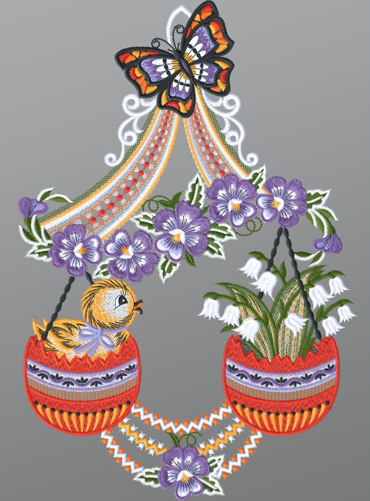 Fensterbild aus Plauener Spitze - Küken in Osterwaage (Bx H) 23cm * 32cm mehrfarbig Fensterdekoration Fensterschmuck