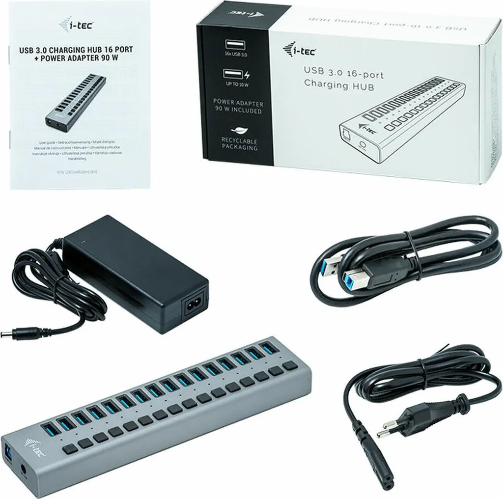 Hub USB 3.0 i-Tec U3CHARGEHUB16 Gris 16 Ports 90W pour Transfert Rapide