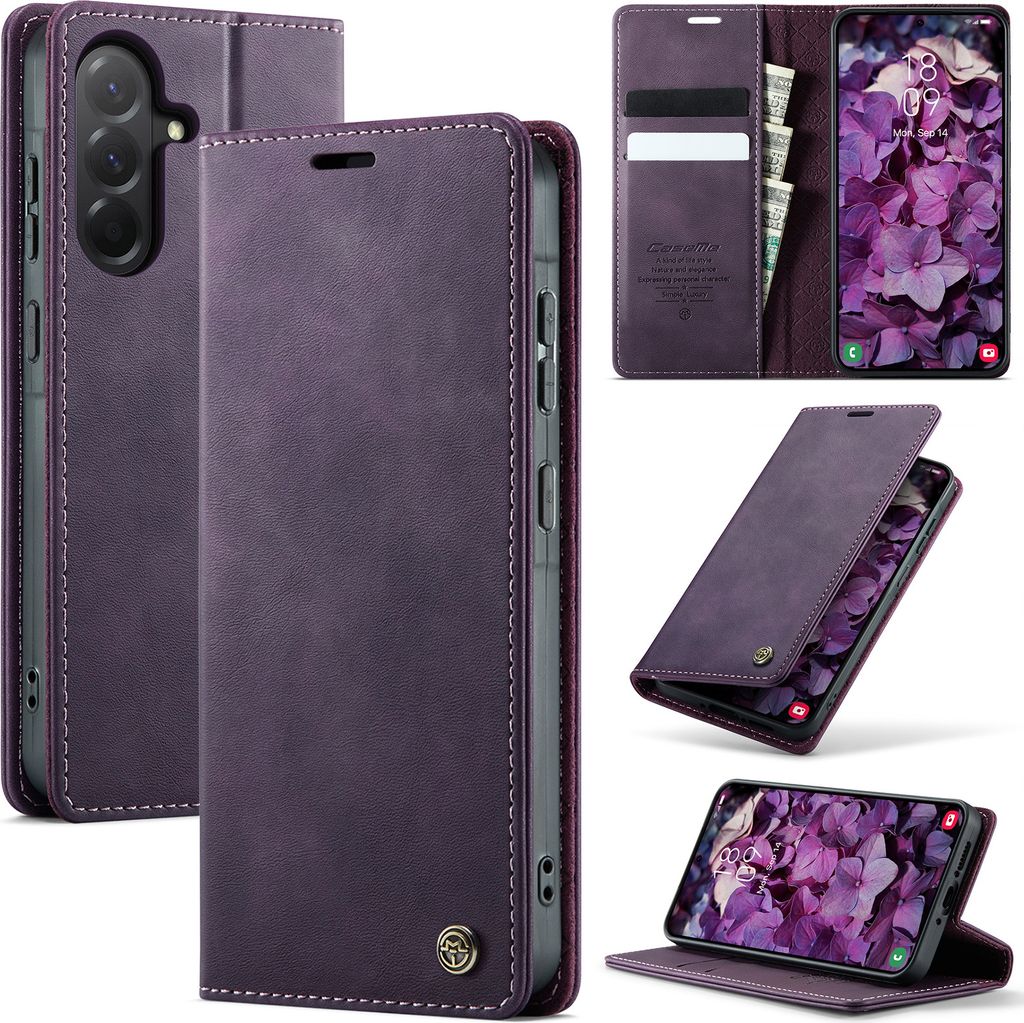 A collage of images showing a purple leather phone case for a Samsung Galaxy A56.