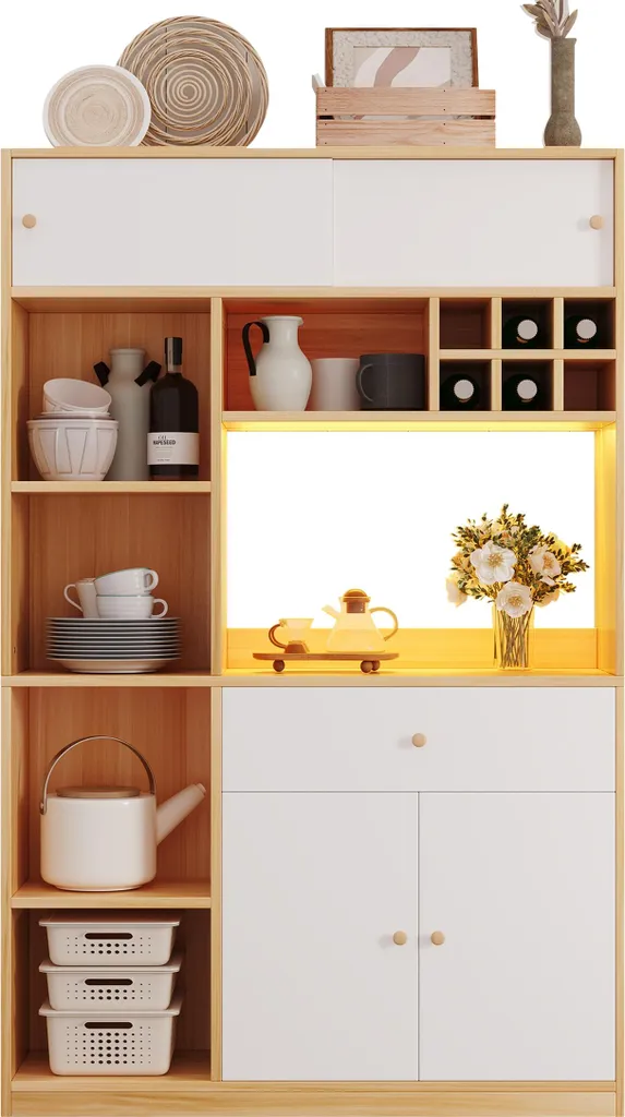 Buffet de cuisine pour ranger vaisselle et micro-ondes, solution LED