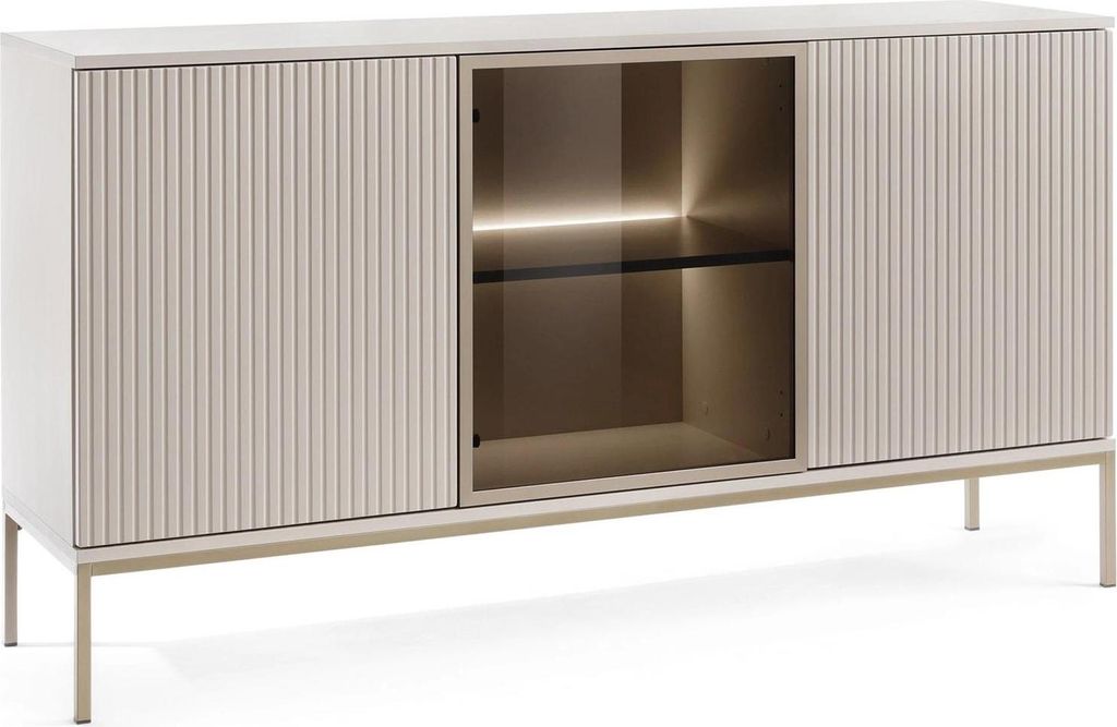 A modern sideboard with fluted doors and a glass-fronted cabinet section.