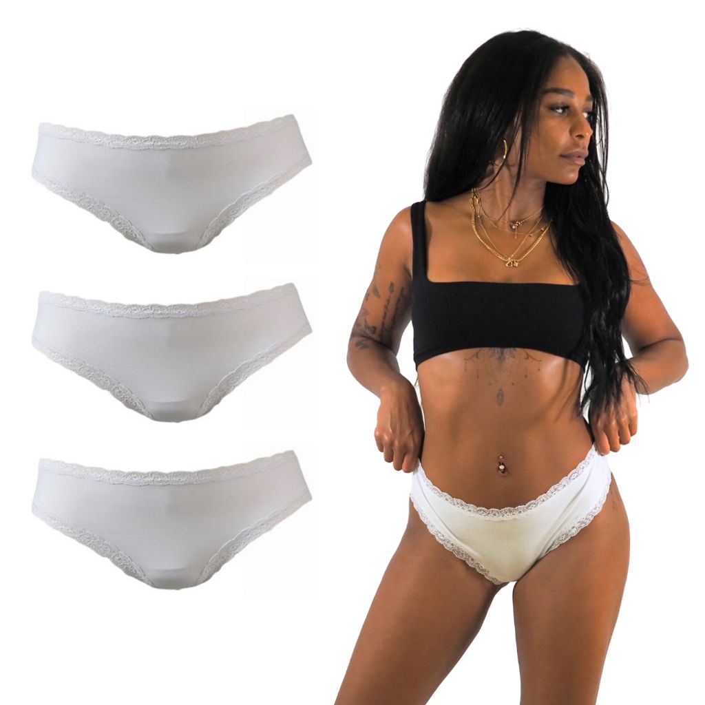Benonetti Brazilian Damen Slips mit zarter Spitze – sinnlich, weich & bequem (3er Set, Weiß, XL)