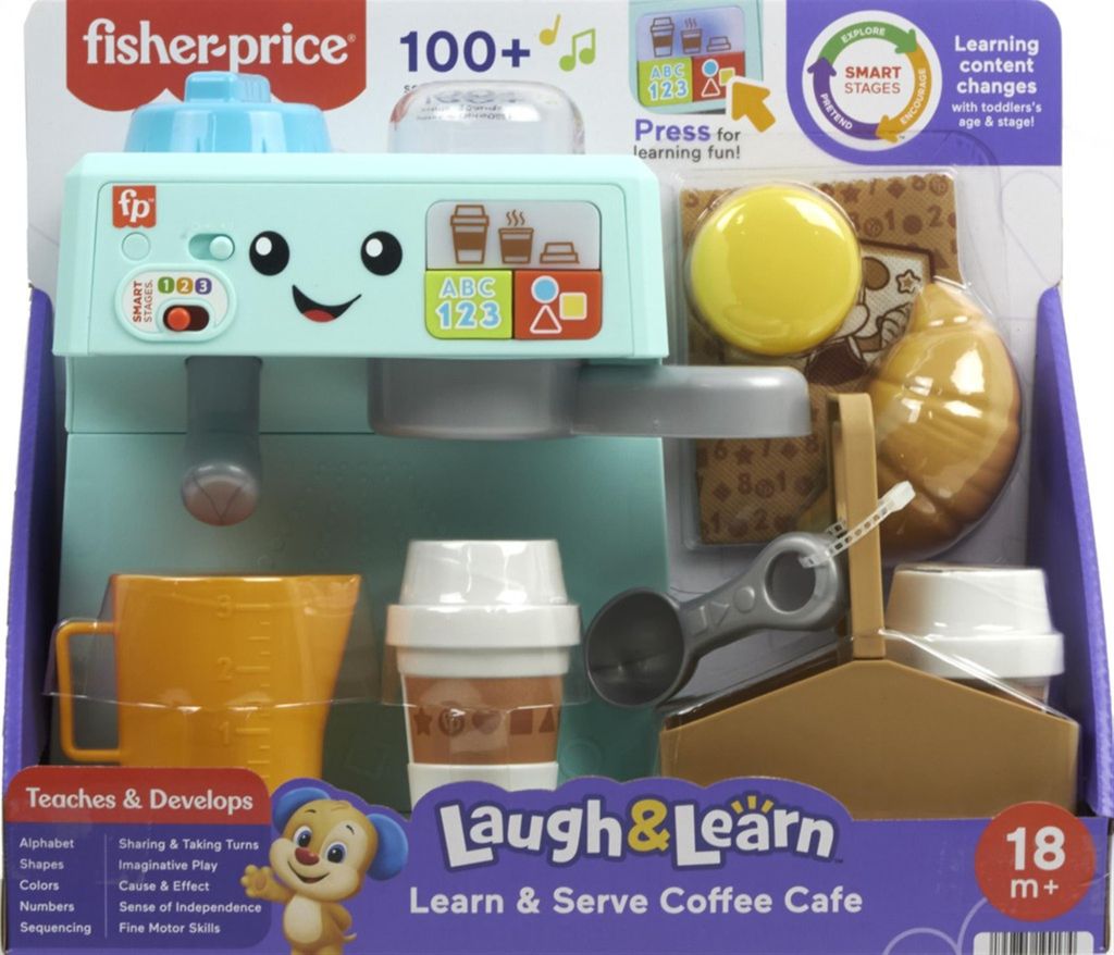 The image shows the Fisher-Price Laugh & Learn Learn & Serve Coffee Cafe toy packaging.
