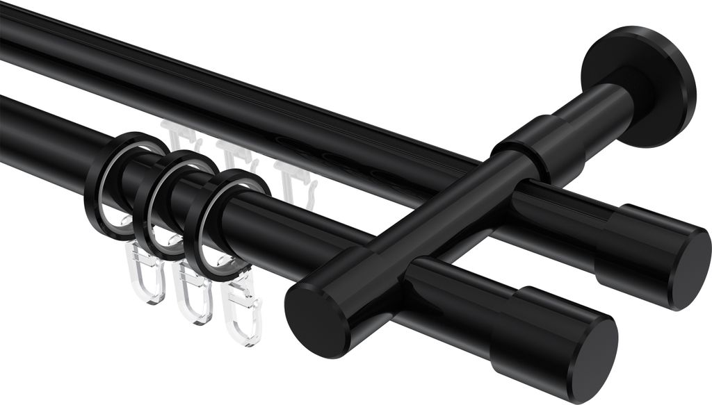 Interdeco Rundrohr-Innenlaufstange / Gardinenstange (Kombination) Schwarz, Typ Prestige Santo (Kappe), 20 mm Ø 2-läufig, 600 cm