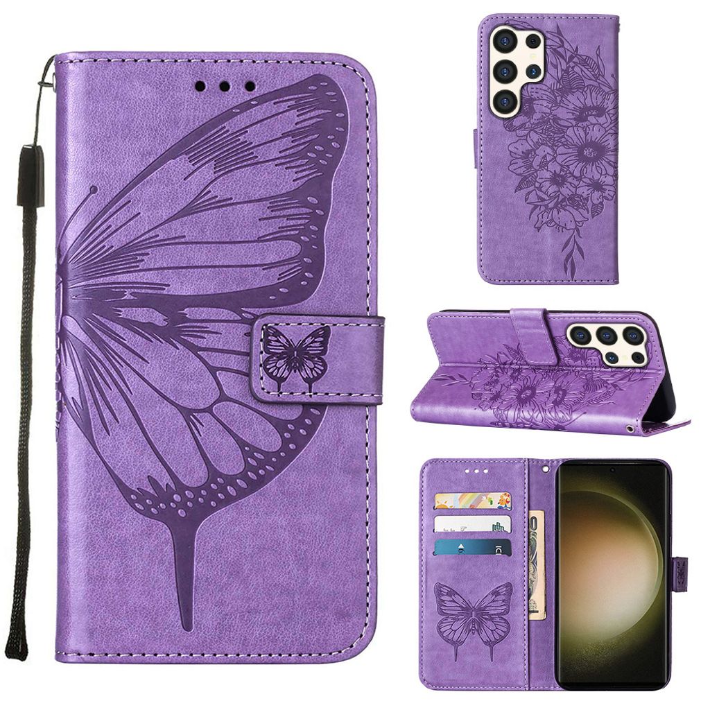 Galaxy S24 Ultra Hülle, Schmetterling Prägung Leder Kartenfächer Schutzhülle mit Ständer für Samsung Galaxy S24 Ultra Violett