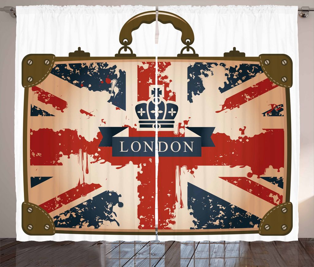 ABAKUHAUS Union Jack Rustikaler Gardine, Vintage Koffer, Schlafzimmer Kräuselband Vorhang mit Schlaufen und Haken, 280 x 225 cm, Dunkelblau Braun Rot