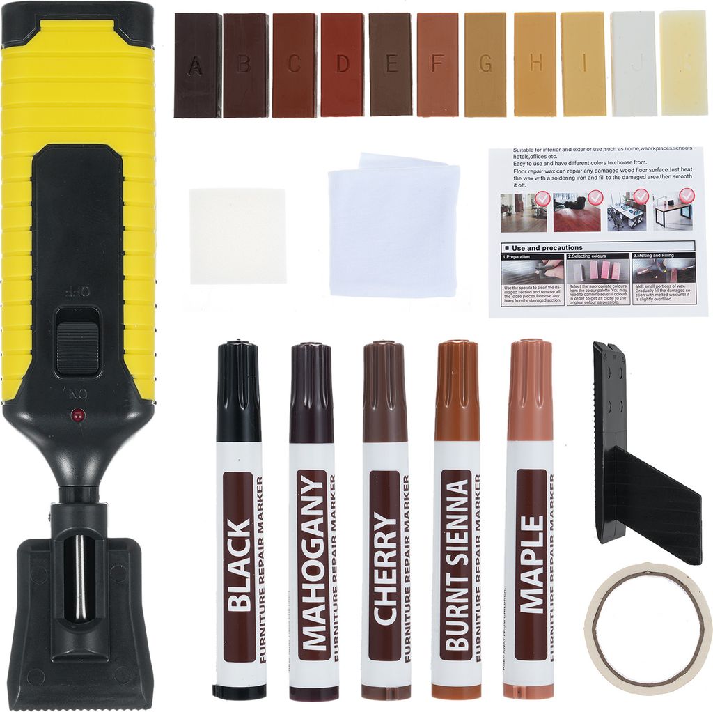 Reparaturset für Laminat & Holzböden – 11 Farben zum Ausbessern von Kratzern, Rissen & Flecken auf Parkett, Vinyl, Möbeln, Türen & Tischen