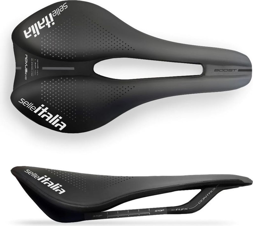 A top-down and side view of a black bicycle saddle.