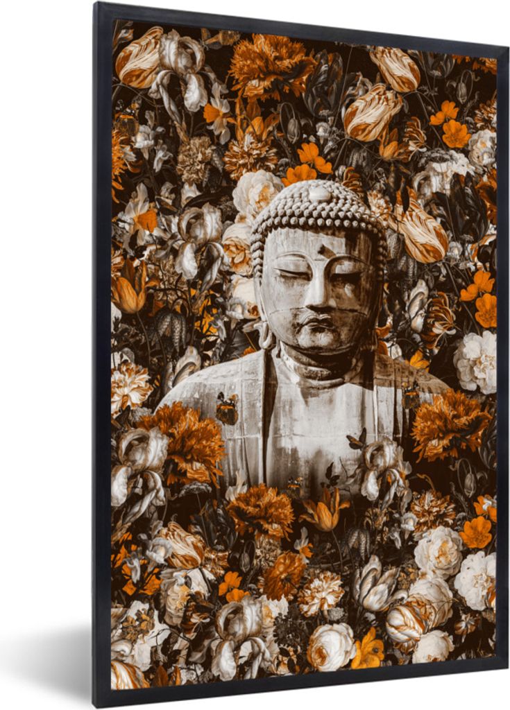 MuchoWow MuchoWow Gerahmtes Poster Buddha - Gesicht - Blumen 60x90 cm - Poster mit zchwarzem Bilderrahmen - Kunst