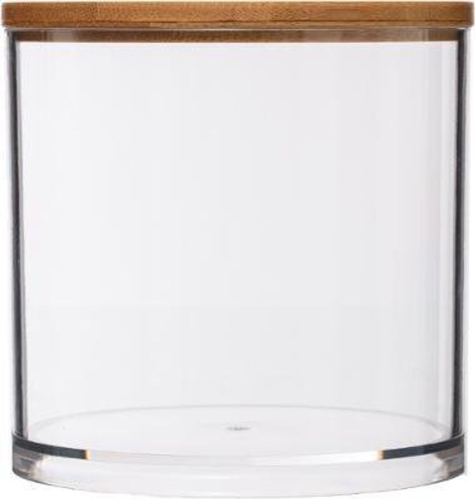 A clear, empty cylindrical container with a bamboo lid.